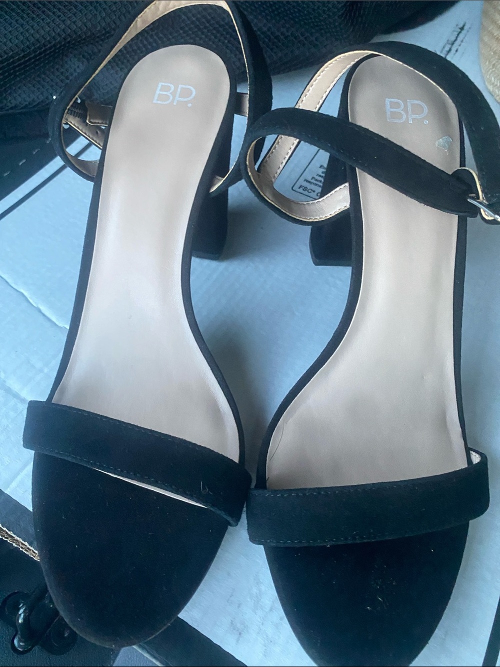bp Black Suede Block Heel Ankle Strap Sandals